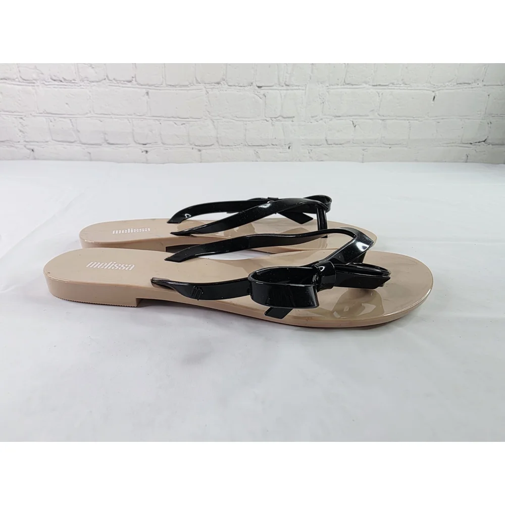 Melissa Harm Sweet VIII Flip Flops Black/Beige Sandals Bow Women's Size 7